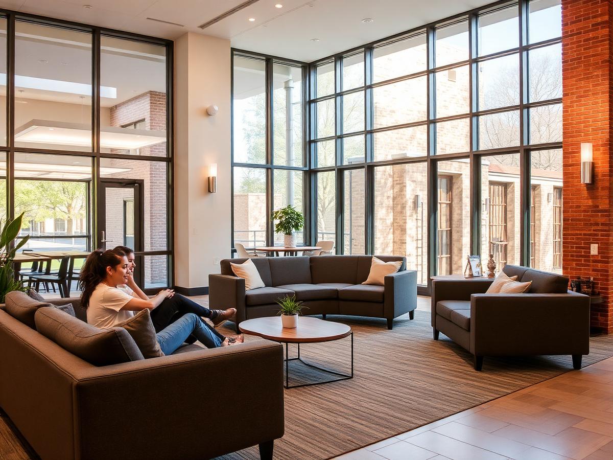 Students relaxing in a bright student residence common area